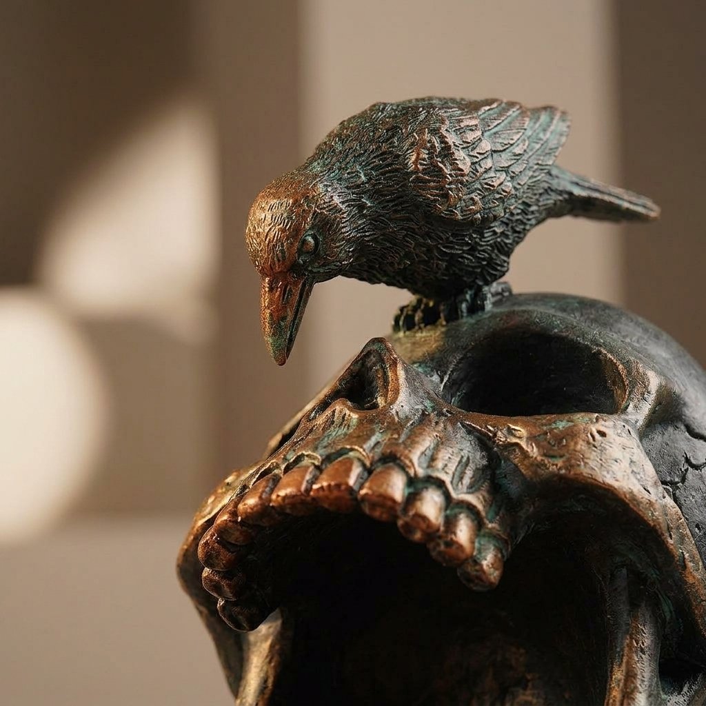 Gothic Skull and Raven Decorative Resin Tray with Dark Weathered Finish