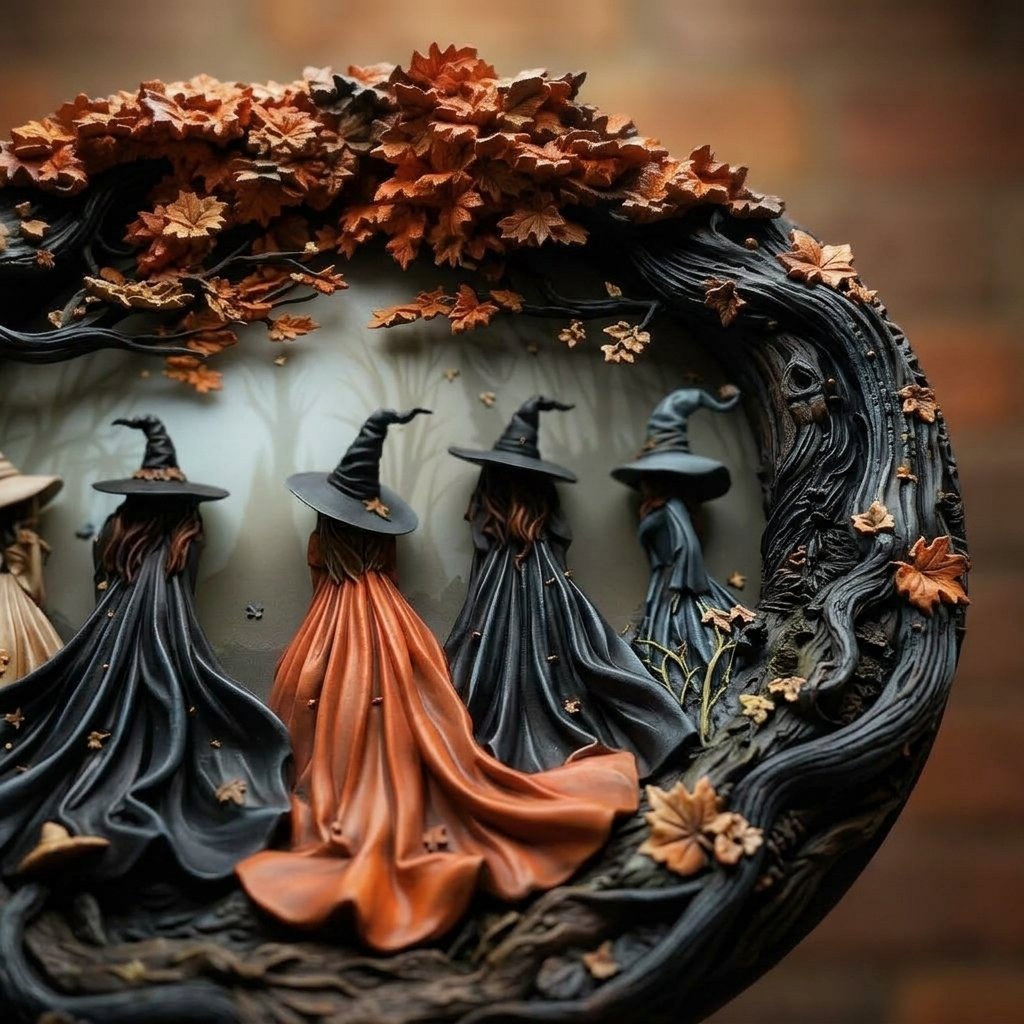 Halloween 3D Relief Witch Wall Plaque with Gnarled Branch Border and Rope Hanger