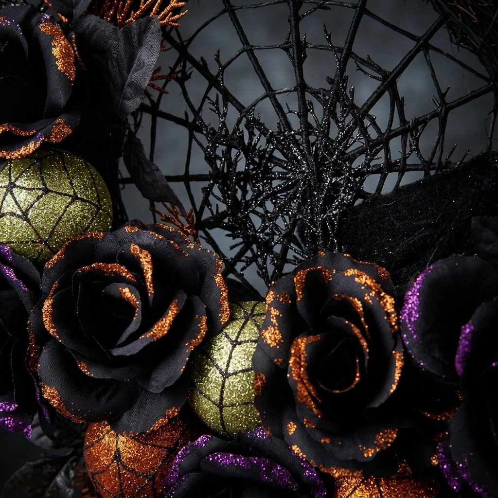 Halloween Door Wreath with Black Roses, Spiderweb Centre and Glitter Ornaments