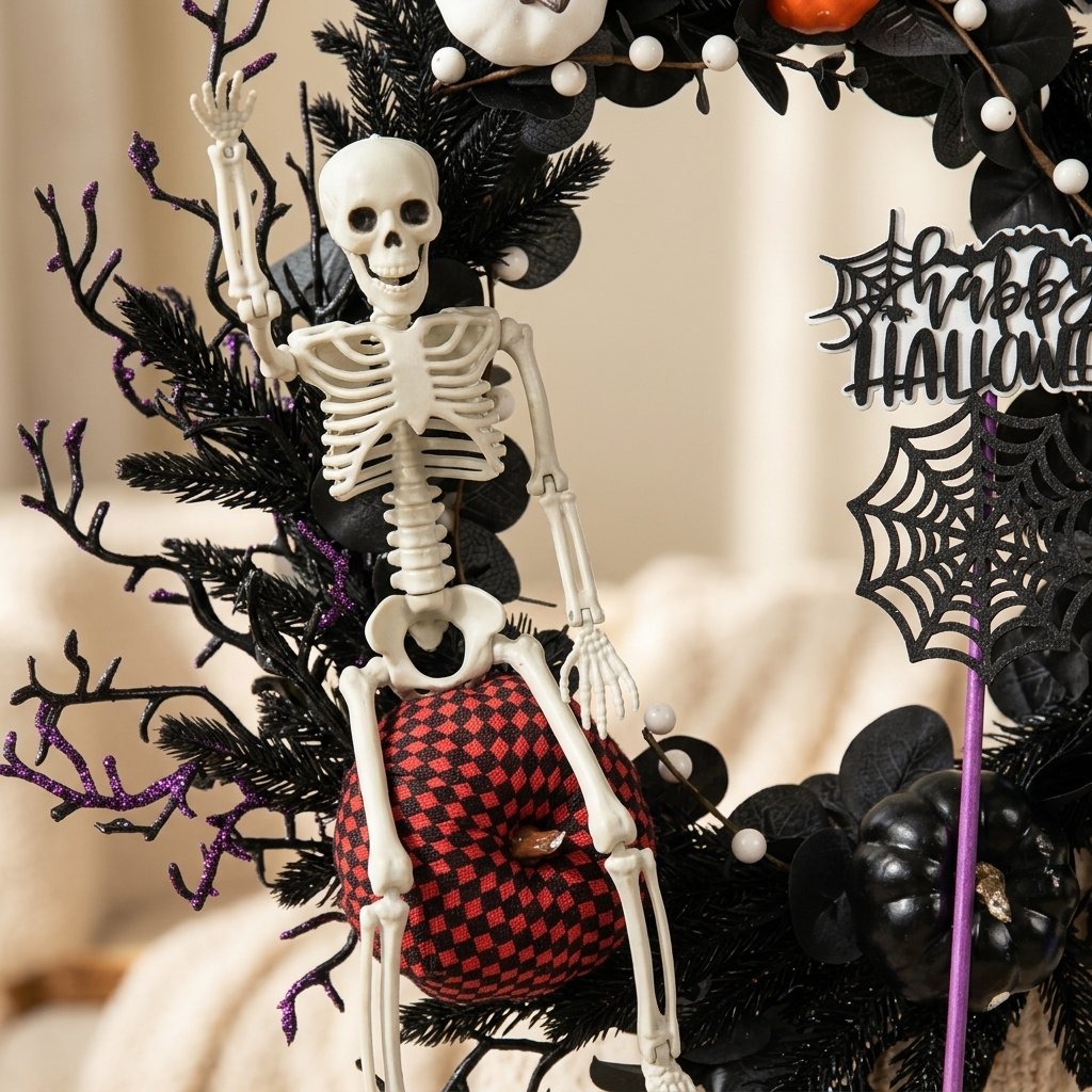 Halloween Door Wreath with Skeleton, Pumpkins and Spiderweb Details