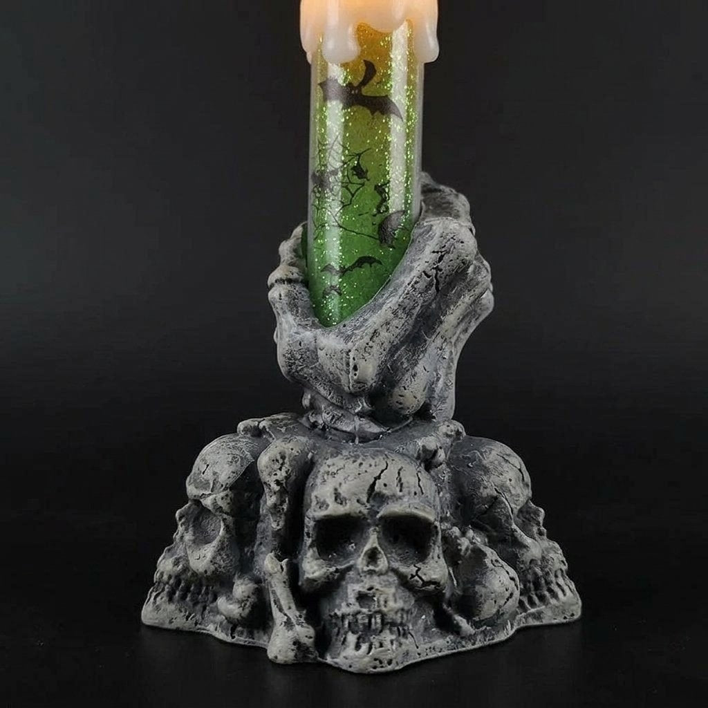 Halloween Flameless LED Taper Candle with Skeleton Hand Holder – Battery Operated, Orange or Green