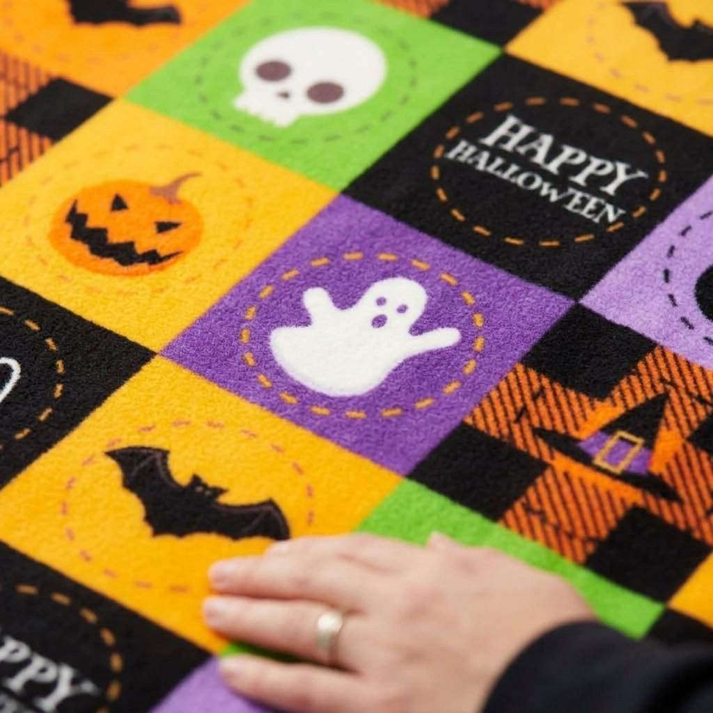 Halloween Fleece Throw Blanket with Bat, Ghost and Pumpkin Pattern