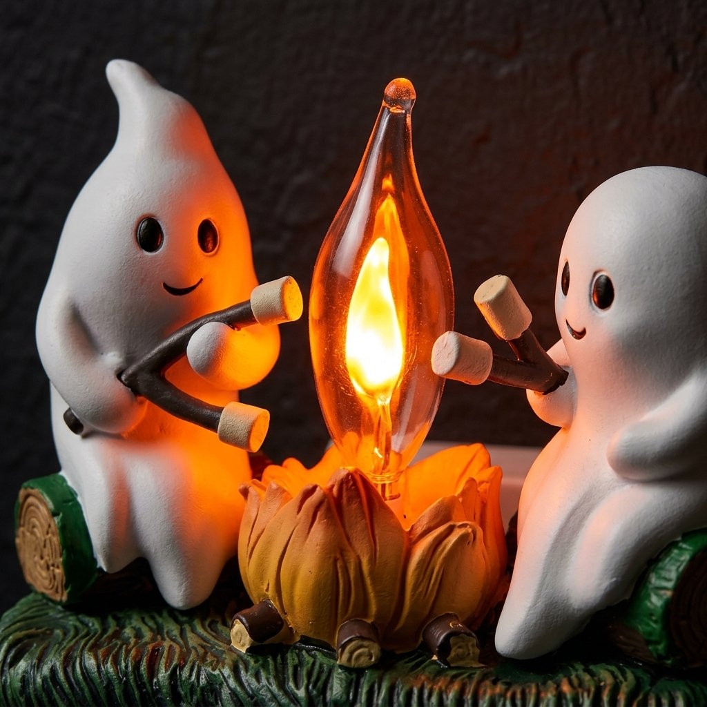 Halloween Ghost Campfire Plug-In LED Night Light with Two Ghost Figures Roasting Marshmallows
