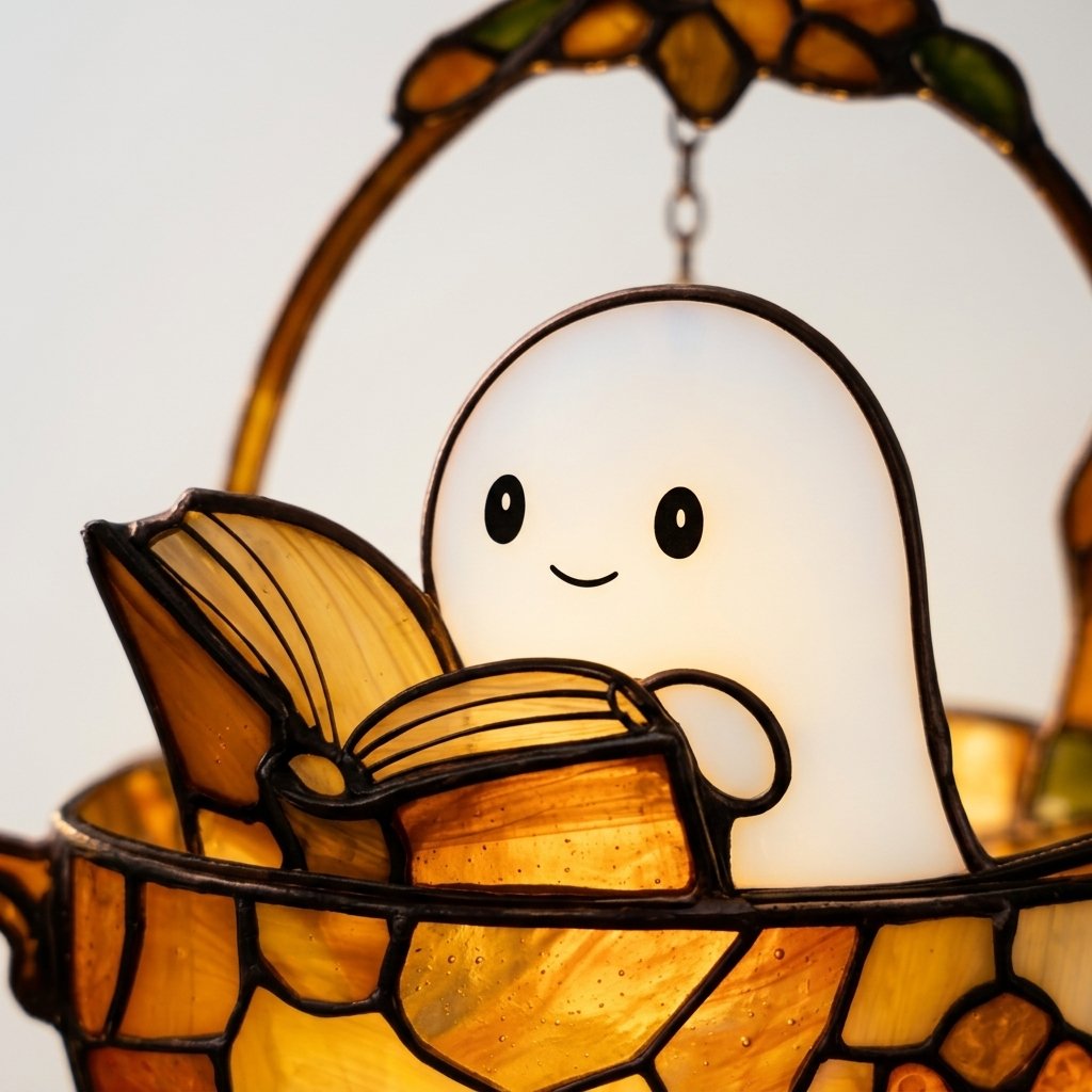 Halloween Ghost Suncatcher – Stained-Glass Style Teacup Window Hanging with Book Design