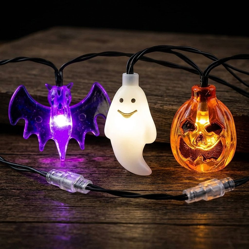 Halloween LED string lights with pumpkin, ghost and bat figures – battery or USB powered, indoor and outdoor use
