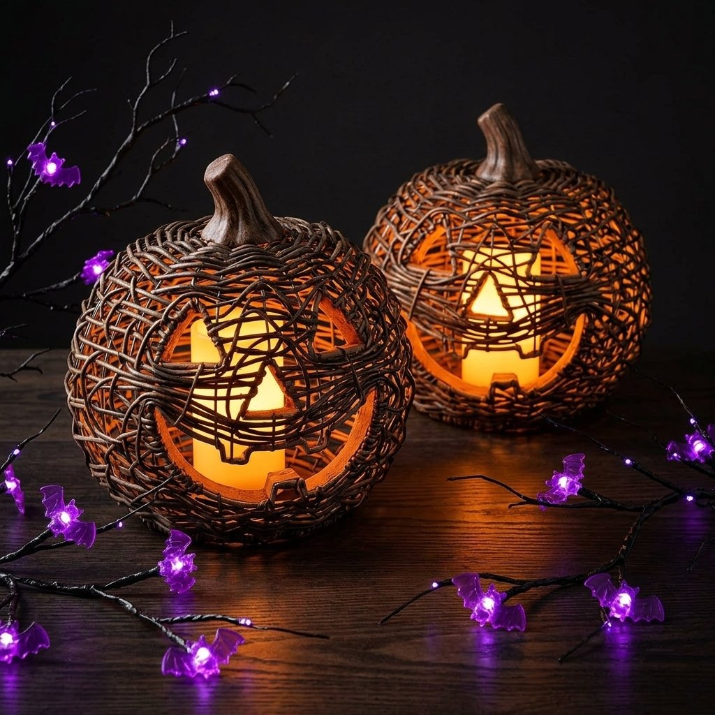 Halloween LED Twig Garland with Pumpkin or Bat Lanterns, Battery Operated, 6 ft