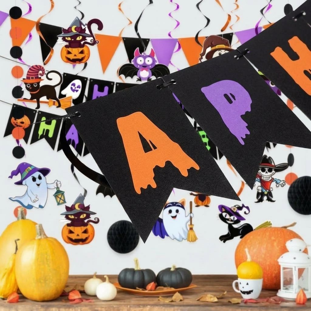 Halloween Party Decoration Kit with Banner, Hanging Swirls, Pennant Flags and Cartoon Cutouts