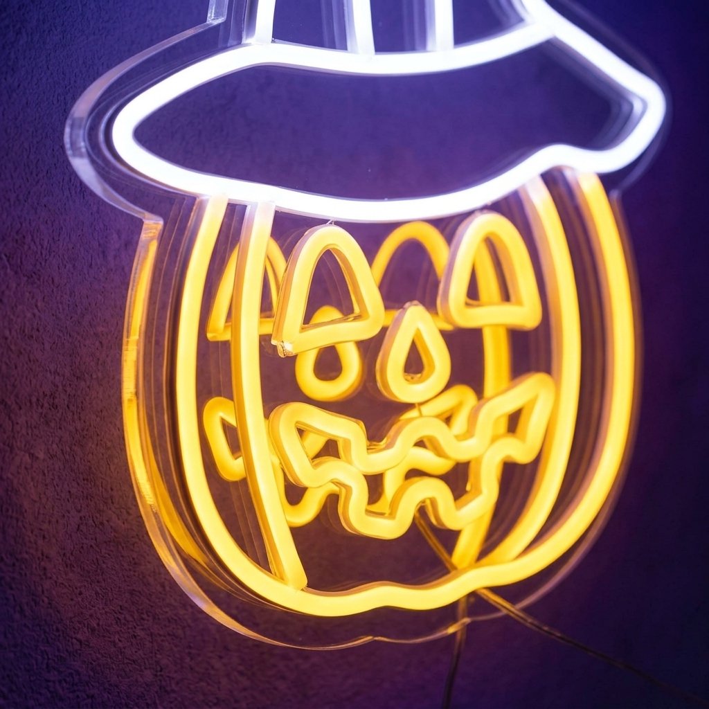 Halloween Pumpkin with Witch Hat LED Neon Wall Light – Indoor Decoration, 26 x 38 cm