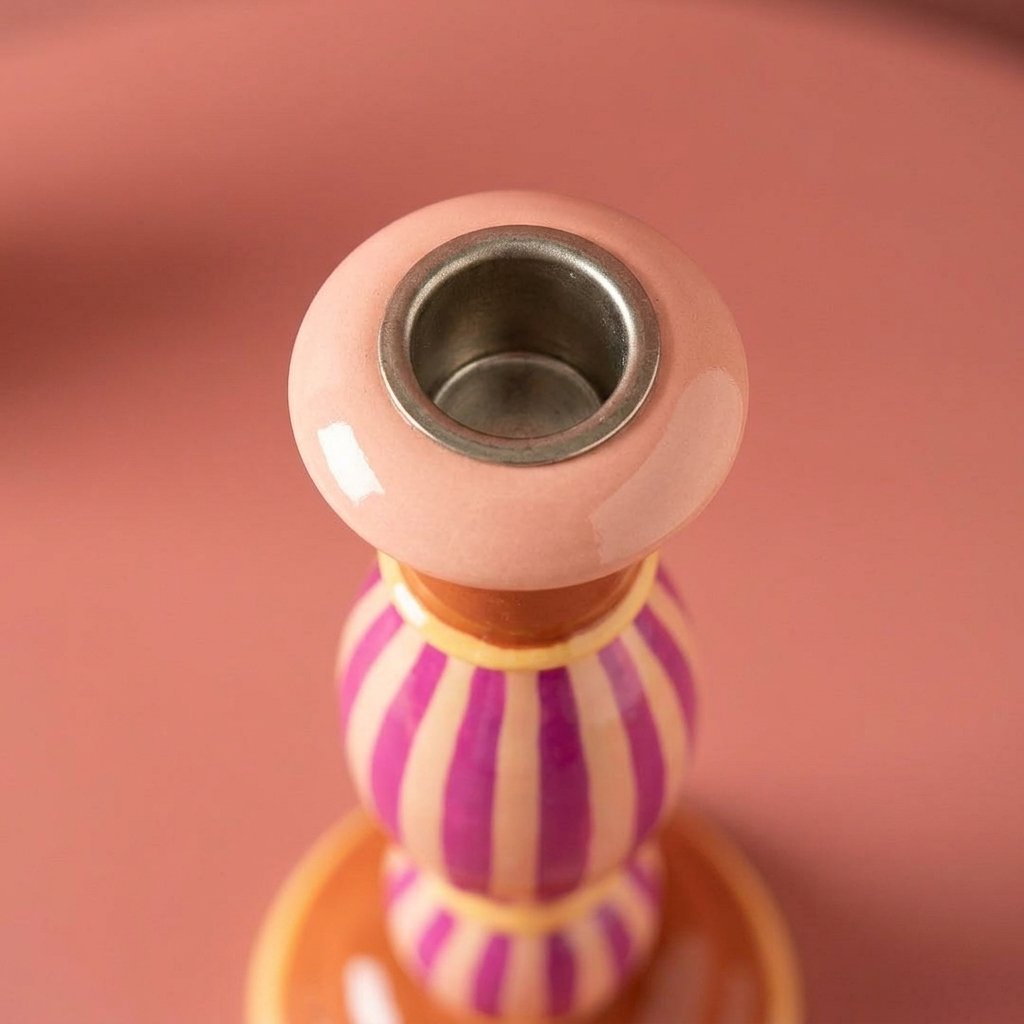 Hand-Painted Striped Wooden Candle Holder