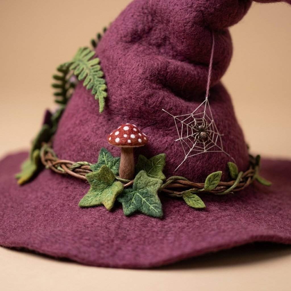 Handmade Felted Wool Witch Hat with Spiderweb Embroidery and Floral Accents