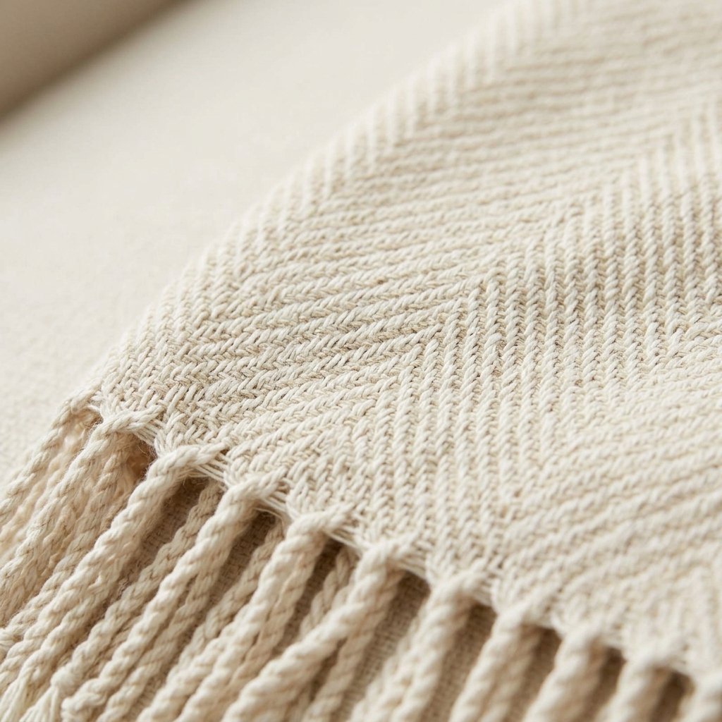 Herringbone Tassel Throw in Cream & Beige