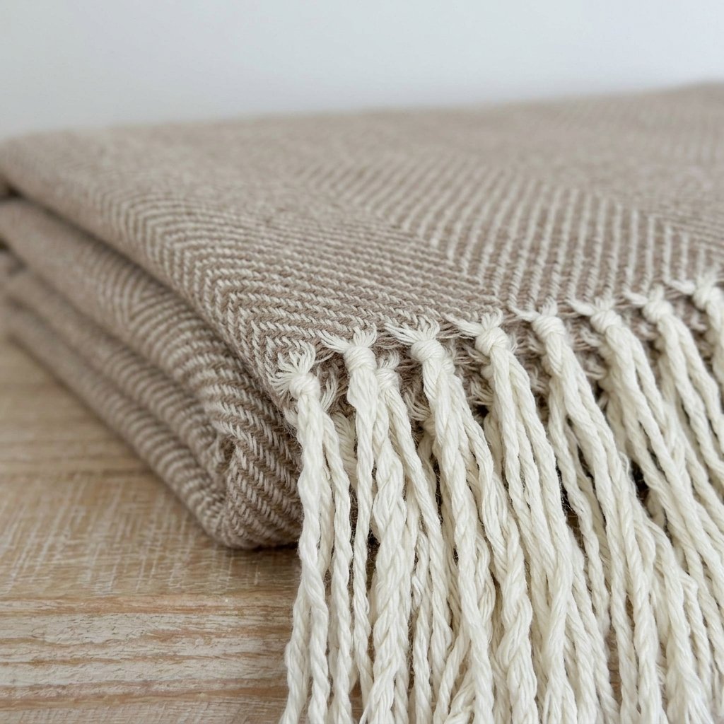 Herringbone Tassel Throw in Warm Taupe