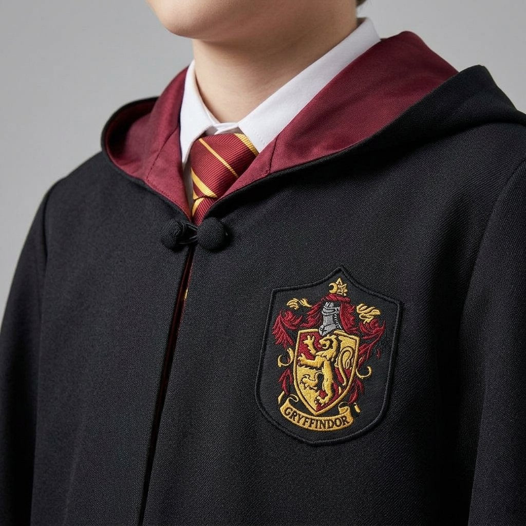 Hooded Wizard School Robe with Embroidered House Crest, Wand, Tie and Glasses