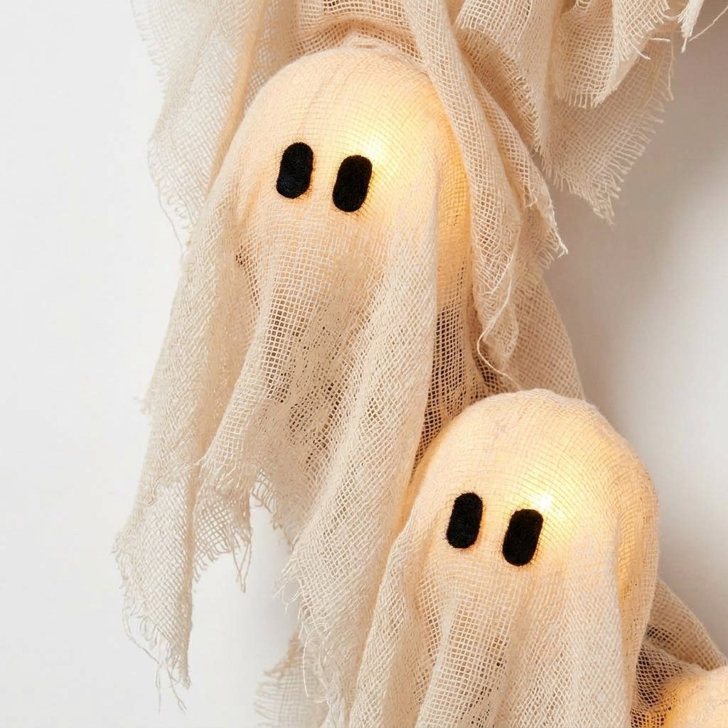 Illuminated Halloween Ghost Wreath with LED Figures for Door or Wall Display