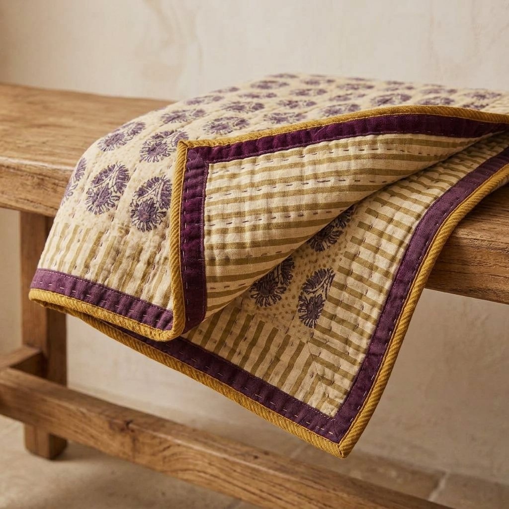 Kantha Bedspread – Block-Print Floral, Reversible Cotton