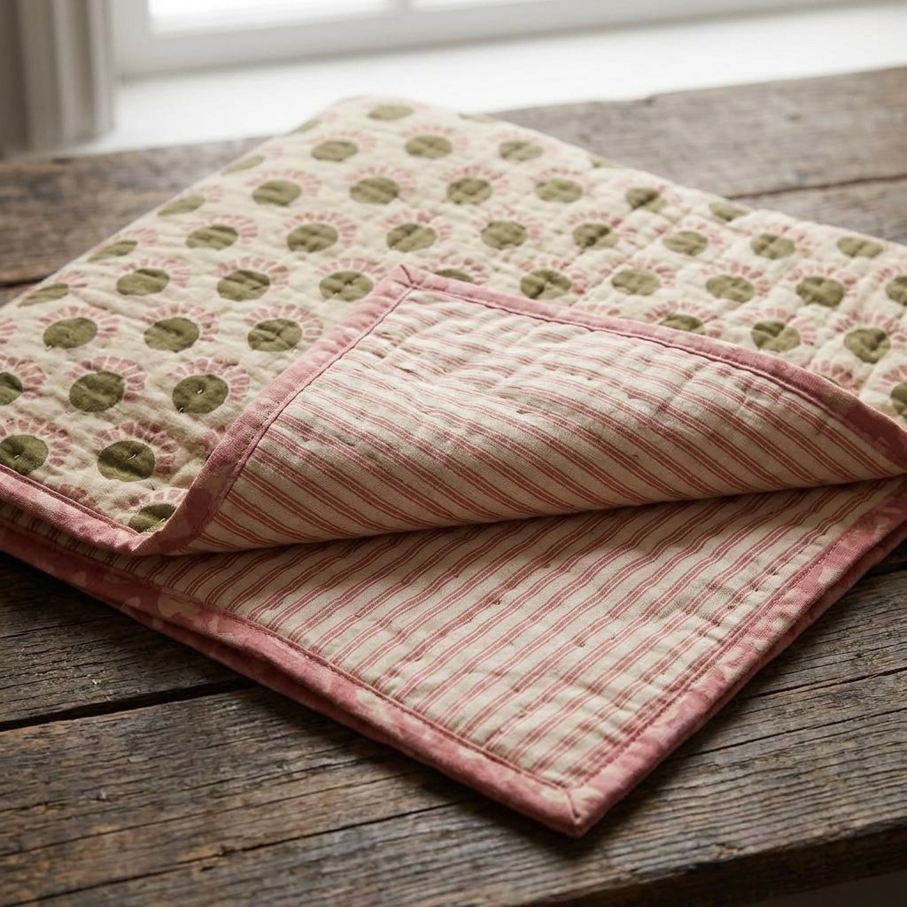 Kantha Bedspread in Olive Green and Pink, Reversible