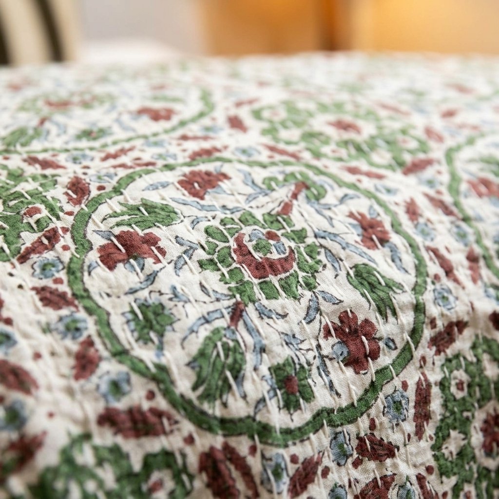 Kantha Quilted Throw – Green, Rust & Blue Floral