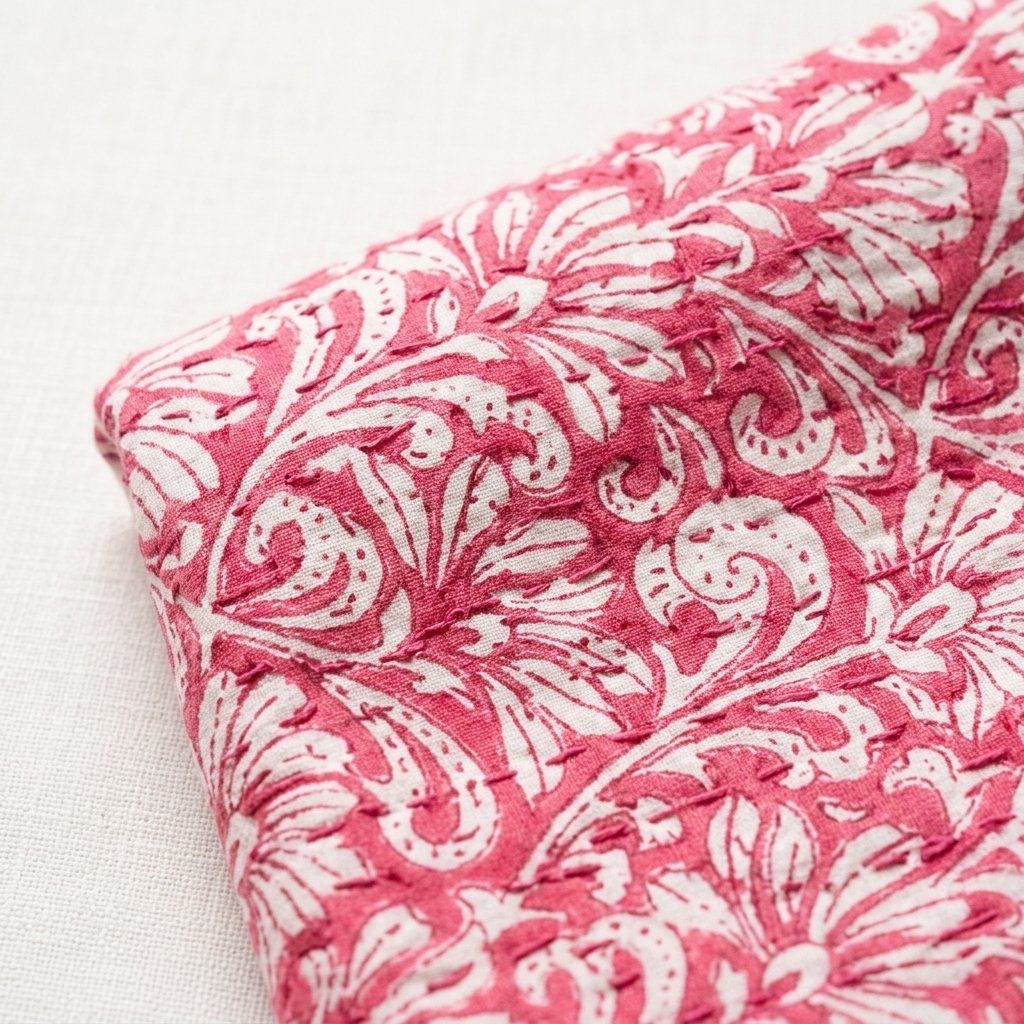 Kantha Throw in Fuchsia Pink, Hand-Stitched Cotton