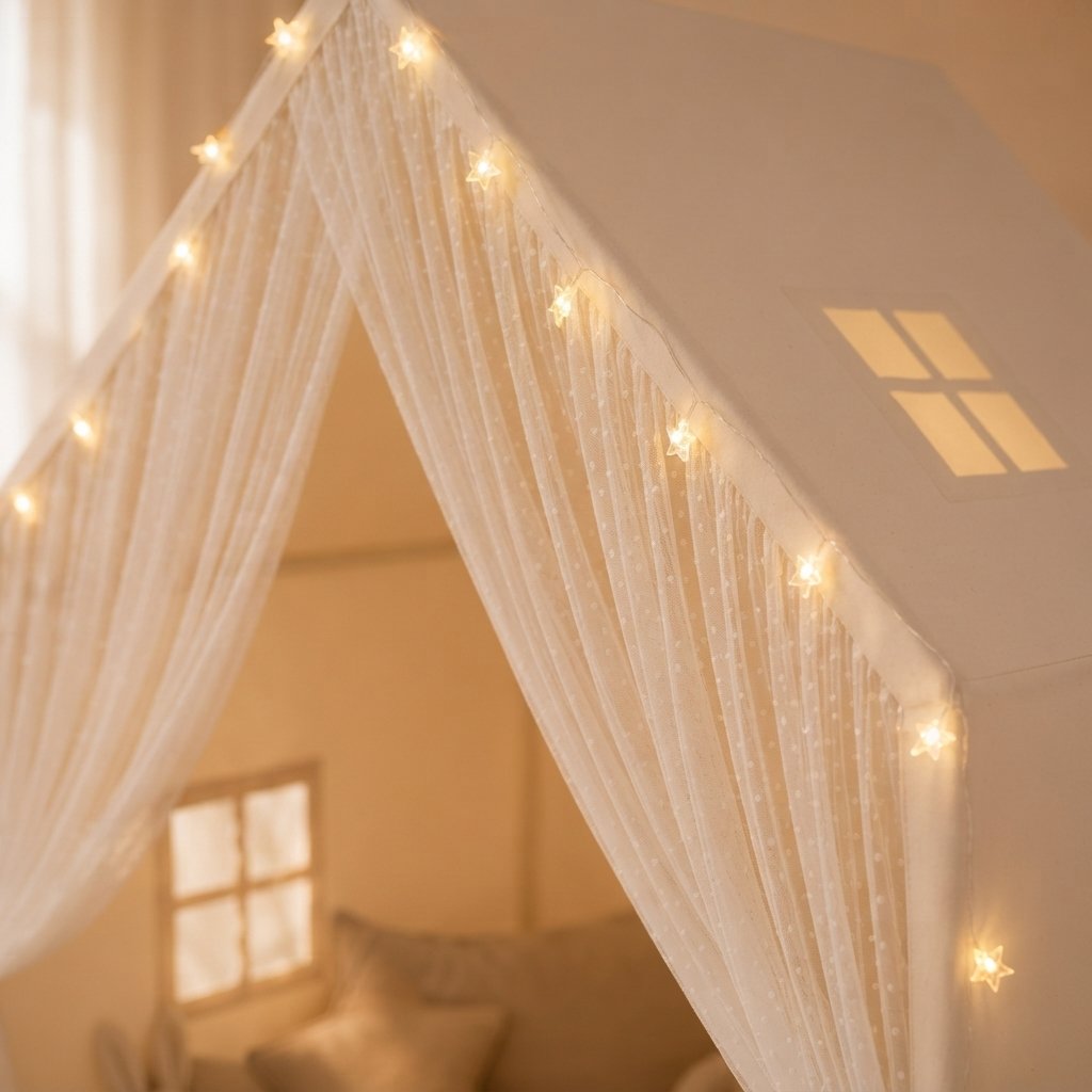 Kids Play Tent with Lace Curtains and String Lights