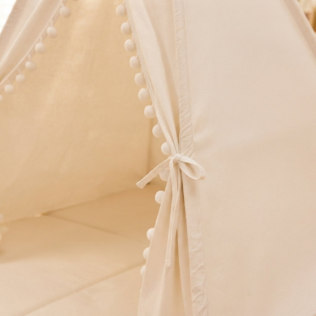Kids Teepee Play Tent with Pom-Pom Trim, White Cotton