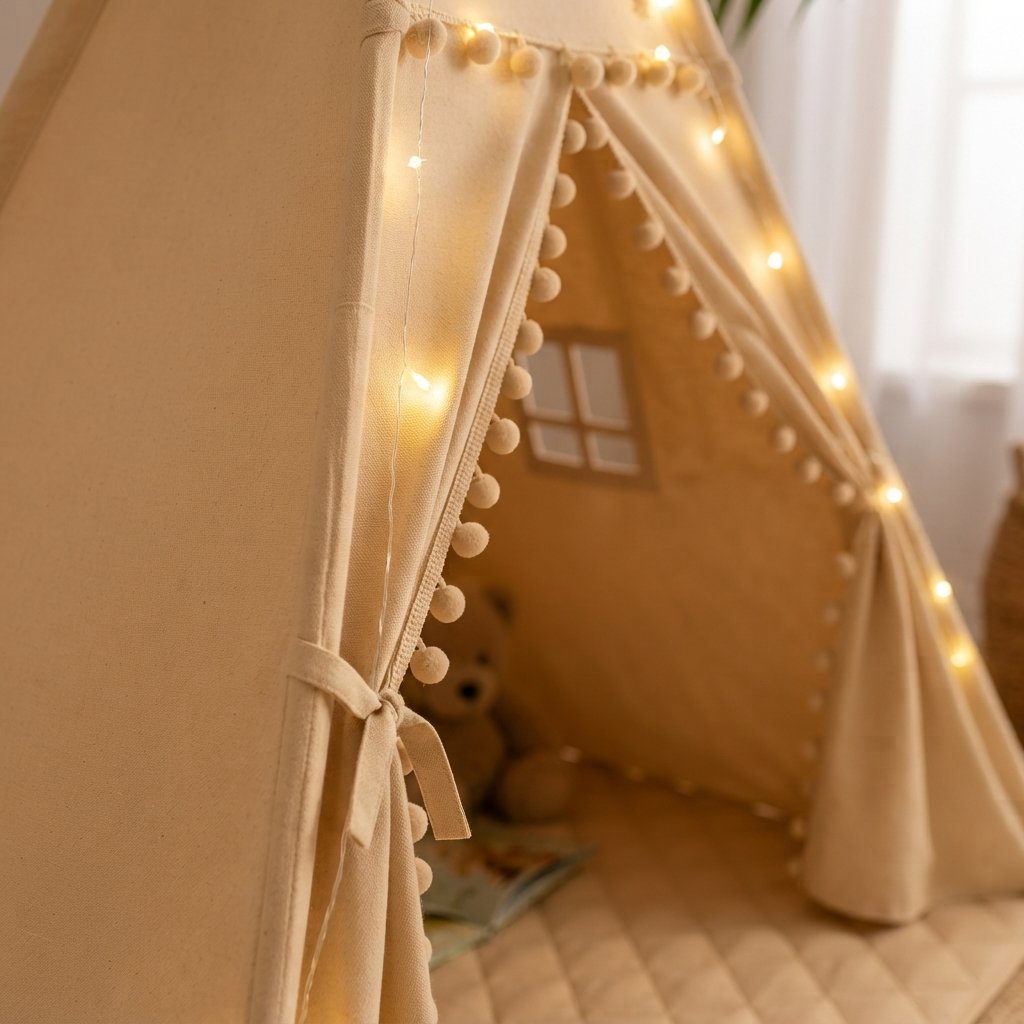 Kids Teepee Tent with Padded Mat and Pom Pom Lights