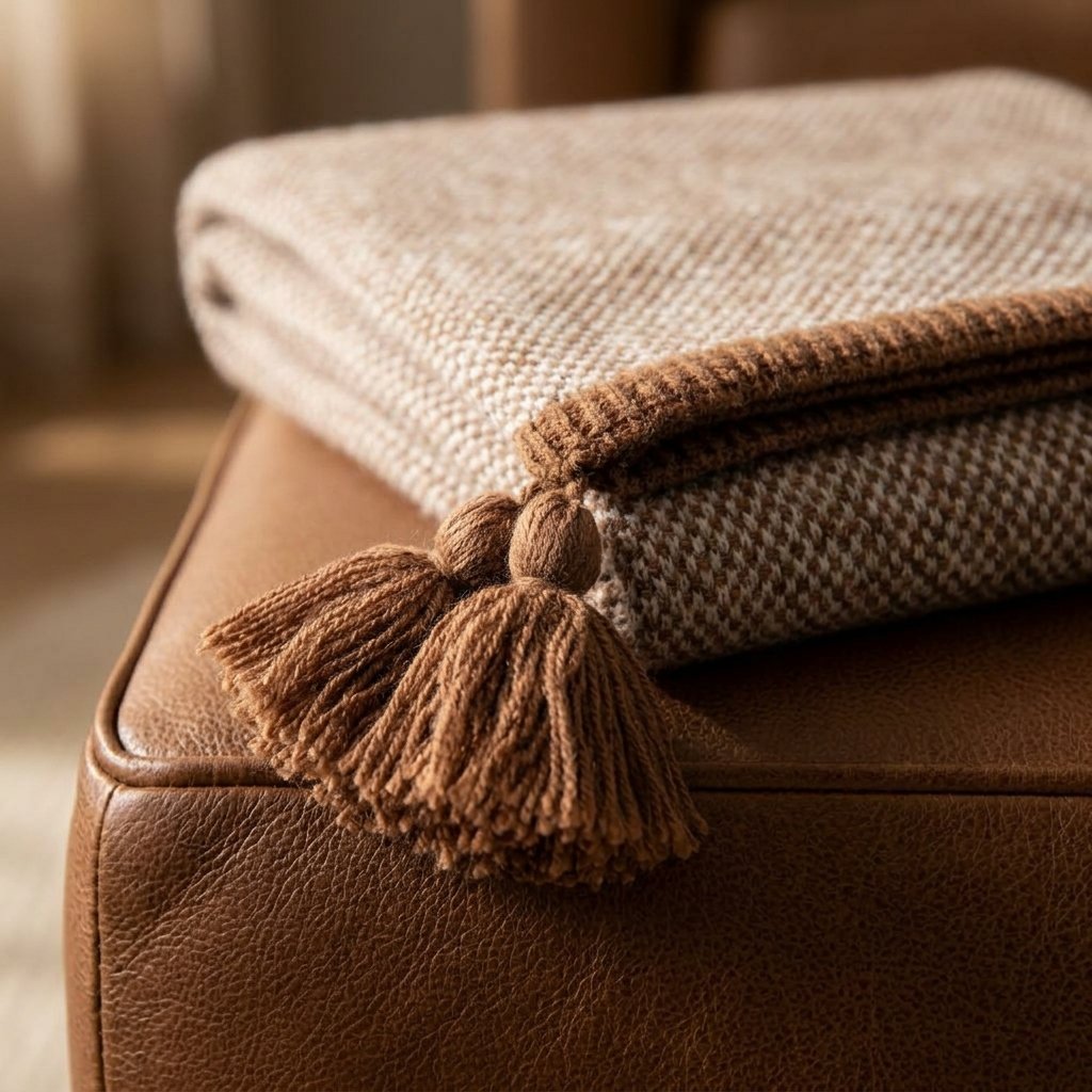 Knitted Tassel Throw with Border Detail in Rust
