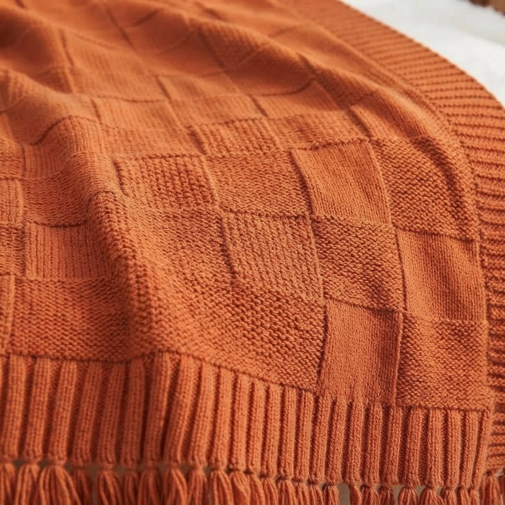 Knitted Throw Blanket with Block Texture & Tassel Trim
