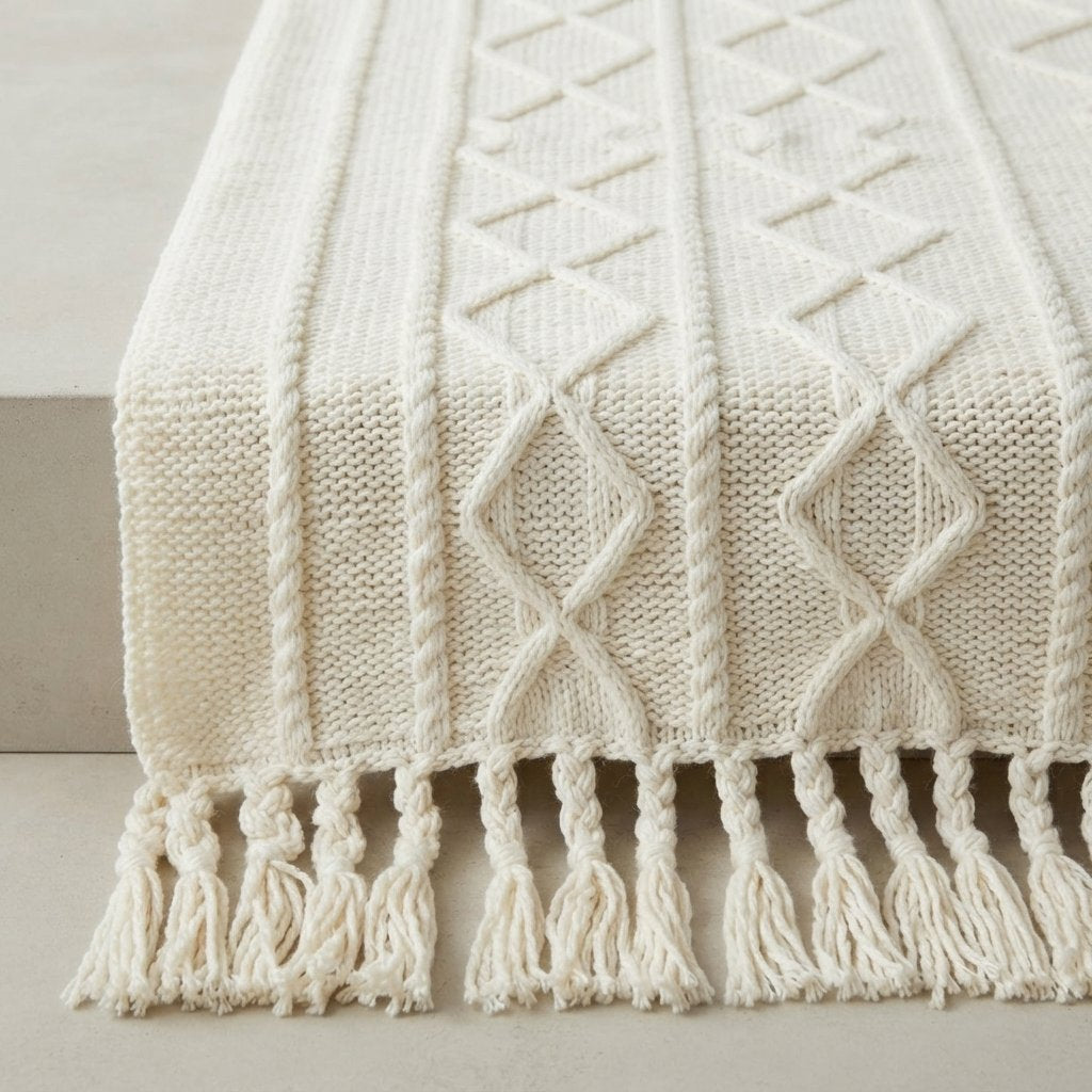 Knitted Throw Blanket with Tassels – Diamond Weave