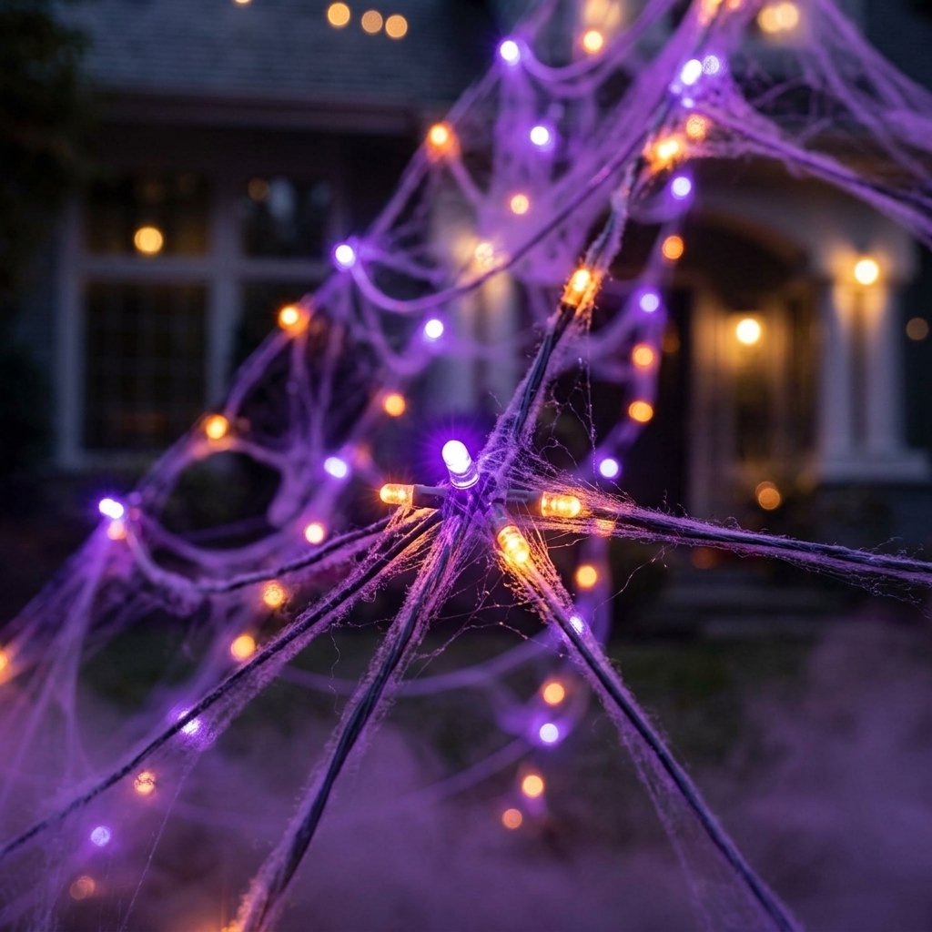 Large Outdoor Halloween Spider Web LED Light Set – 250 Orange and Purple LEDs, 5 x 5 m