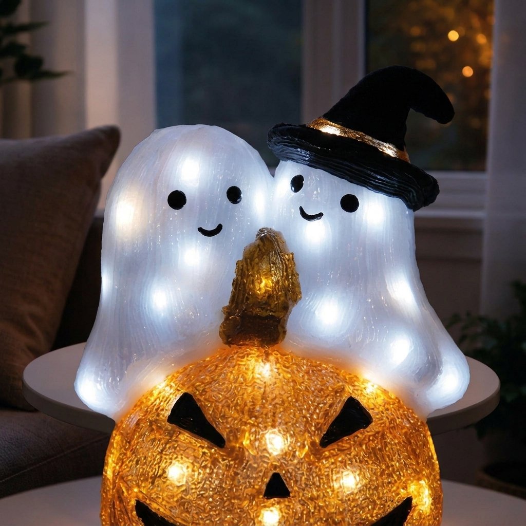 LED Illuminated Pumpkin and Ghost Halloween Decoration with Built-In Timer, 50 White LEDs