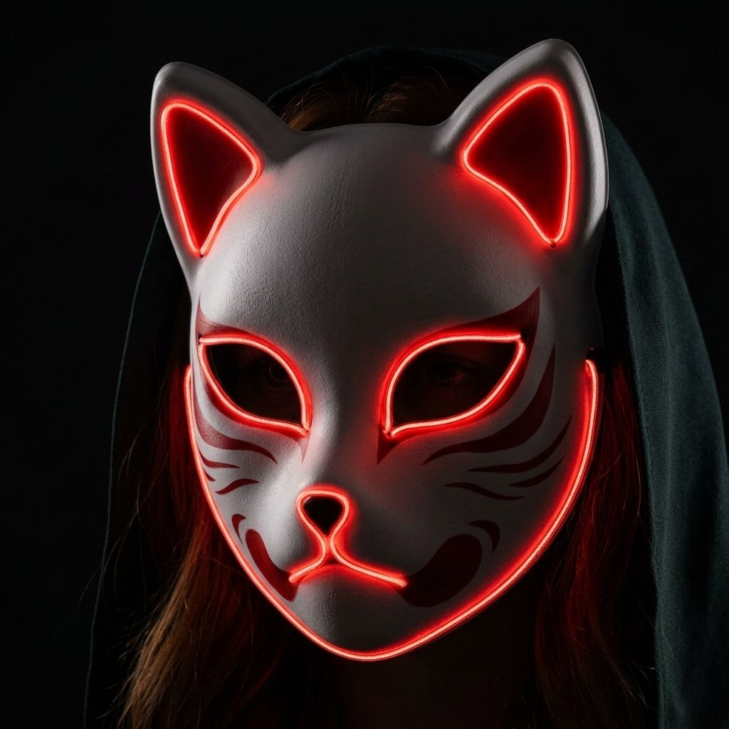 LED Kitsune Fox Mask with EL Wire Glow and Anime-Inspired Design