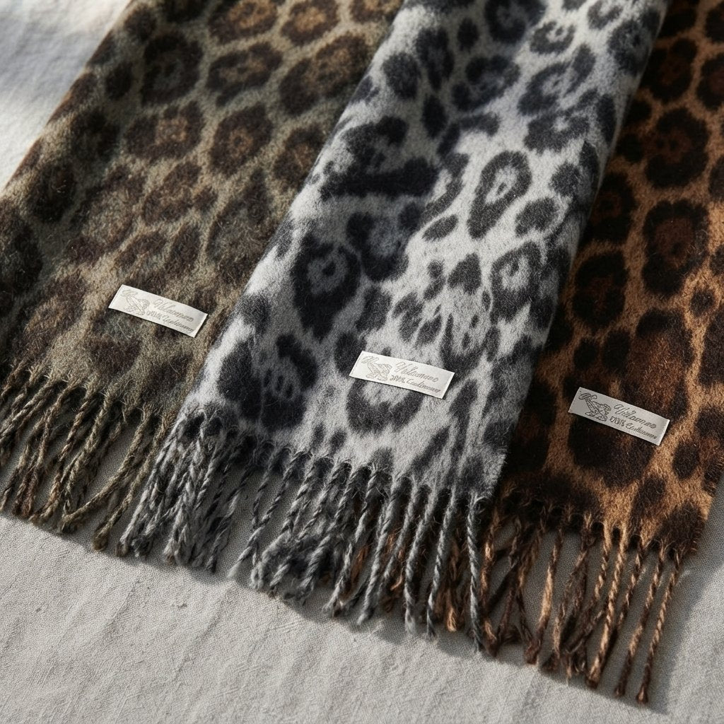 Leopard Print Tassel Shawl Scarf with Faux Cashmere Feel