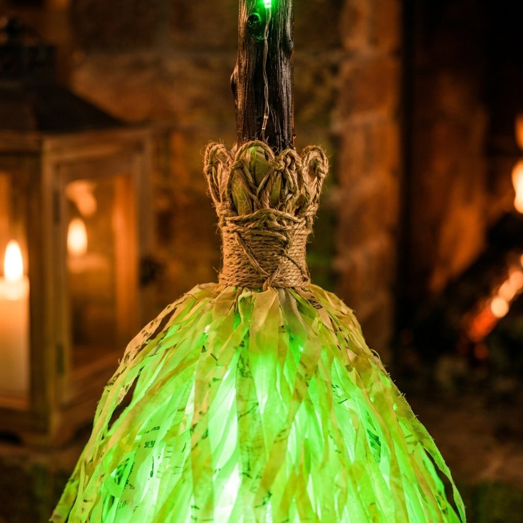 Light-up witch's broom decoration with green LED lights, vibration and sound effect