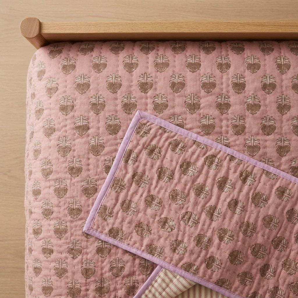 Lulu Kantha Cotton Bedspread, Block Print, Reversible