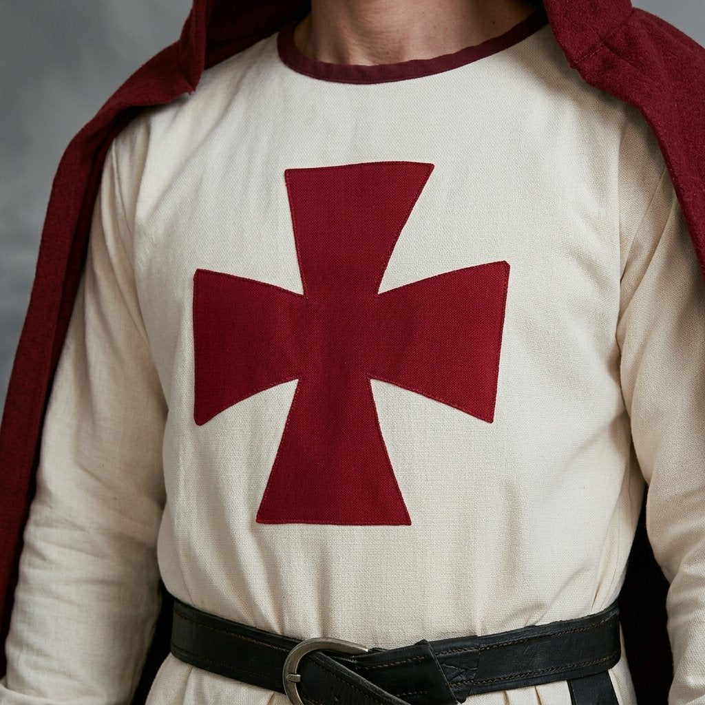 Medieval Crusader Knight Tunic Costume with Cross Pattée Design and Split Hem Panels