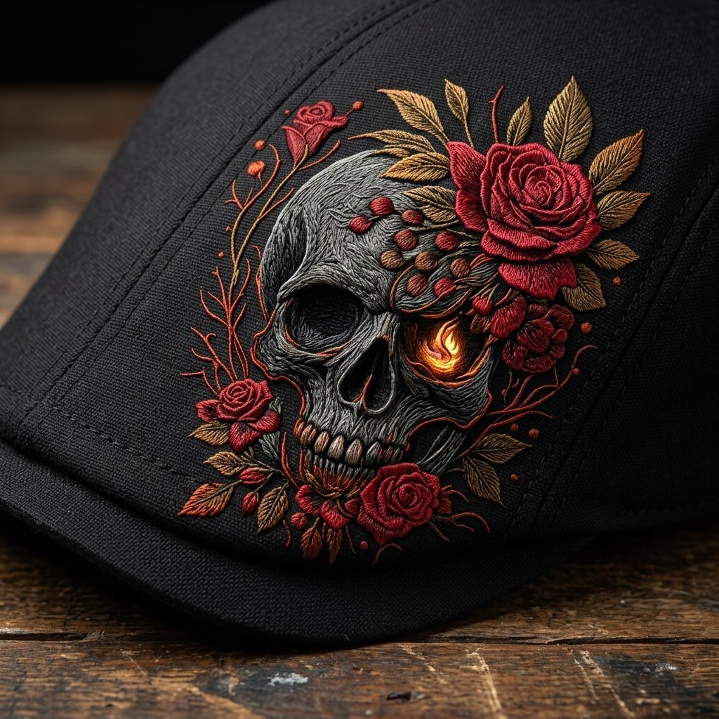 Men's flat cap with skull and rose embroidery