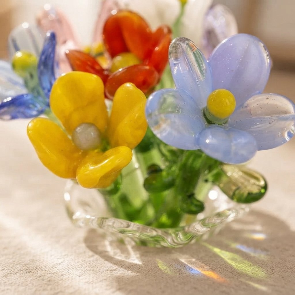Miniature Glass Flower Set with Fluted Vase