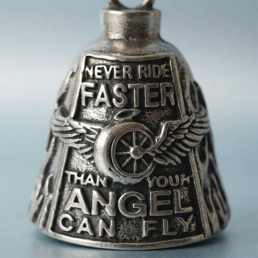 Motorcycle Guardian Bell Charm with Winged Wheel Motif – Antique Silver Alloy Pendant, Keyring and Box Chain Set