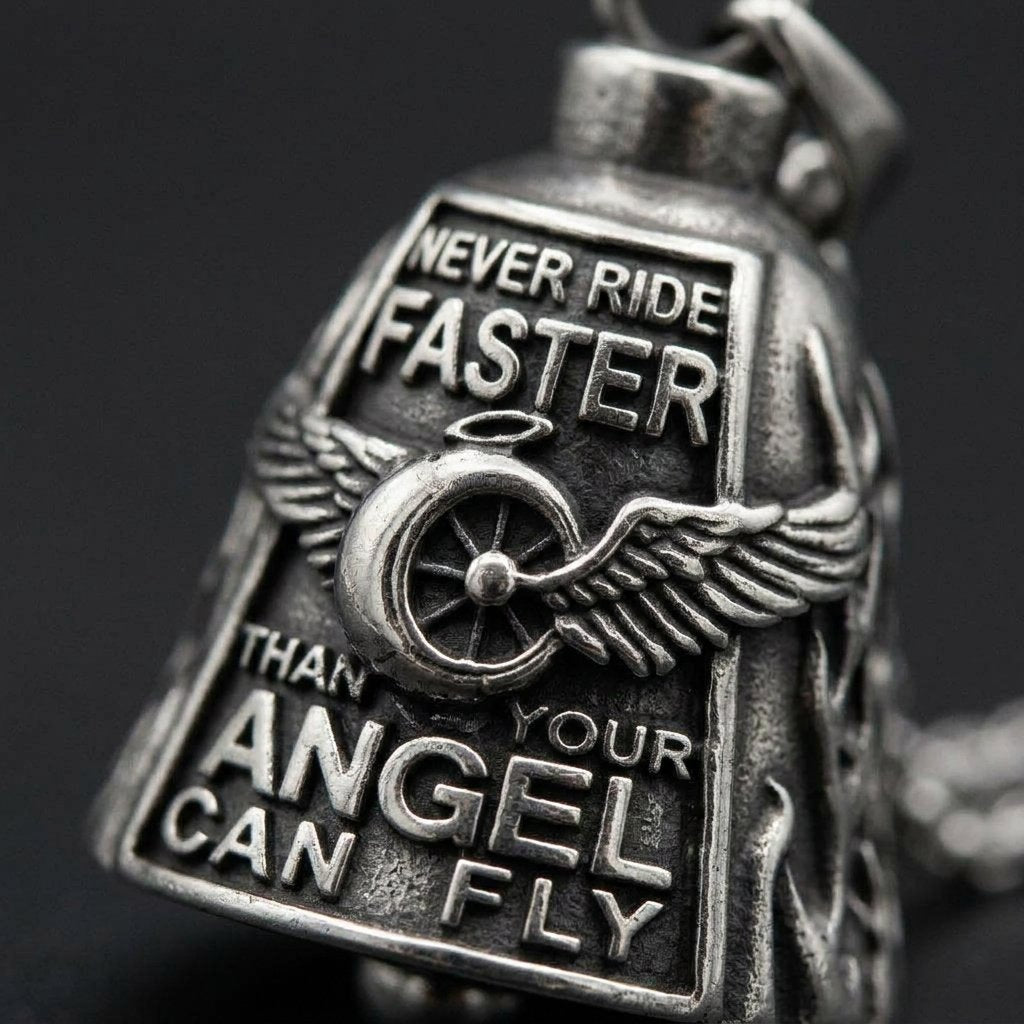 Motorcycle Guardian Bell with Winged Wheel Design – Biker Good Luck Charm with Keychain and Necklace
