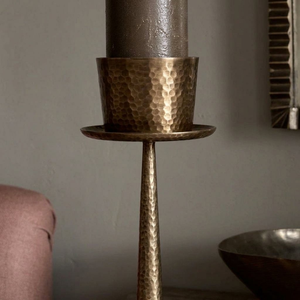Pillar Candle Holder in Hammered Brass-Finish Iron