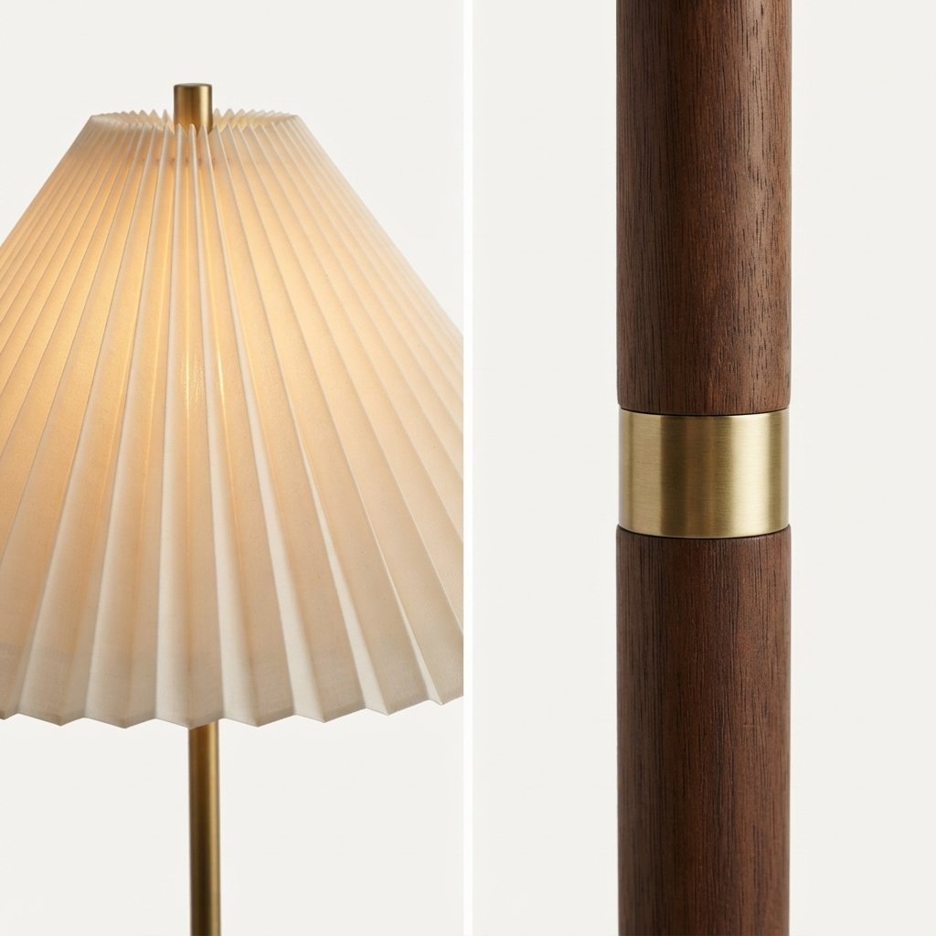 Pleated Fabric Floor Lamp with Walnut & Brass Finish