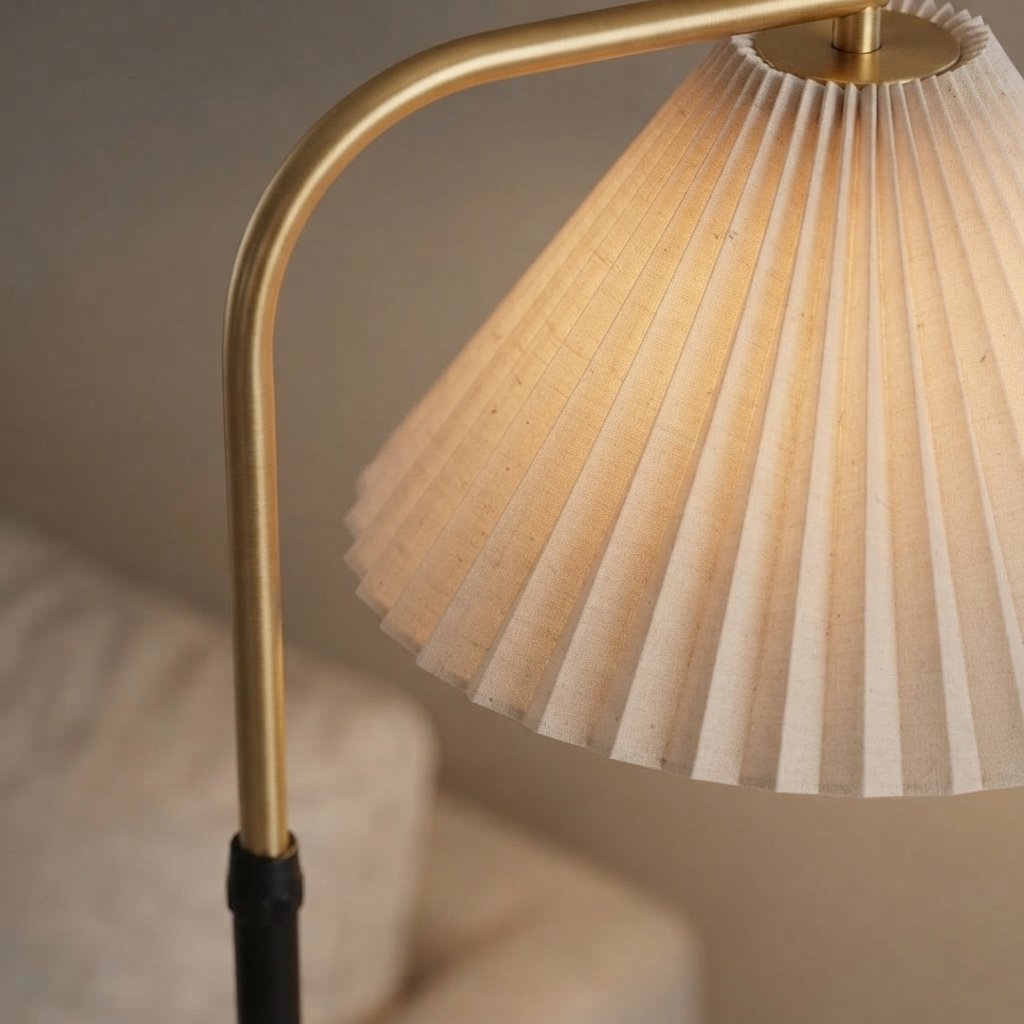 Pleated Floor Lamp with Side Shelf, Gold & Black