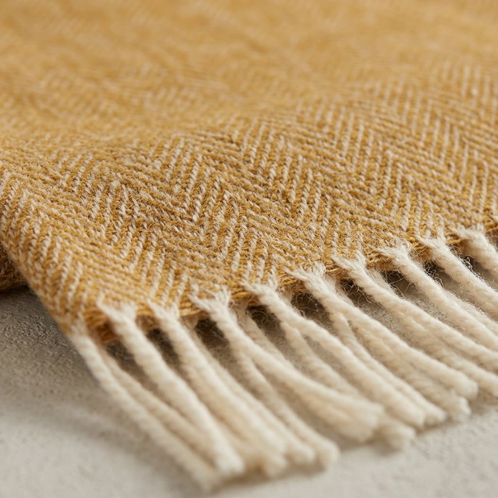 Pure Wool Herringbone Throw in Ochre with Fringe