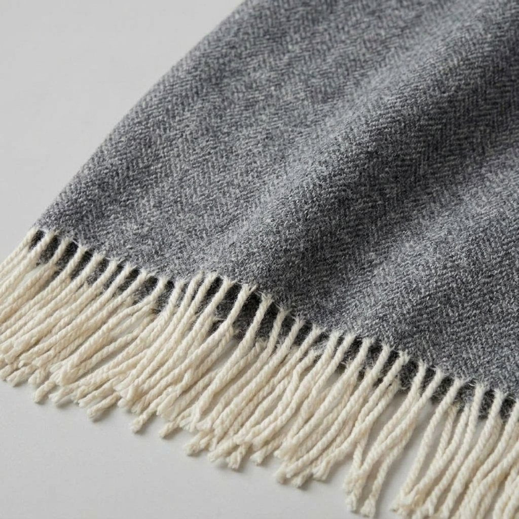 Pure Wool Herringbone Throw in Soft Grey with Fringe