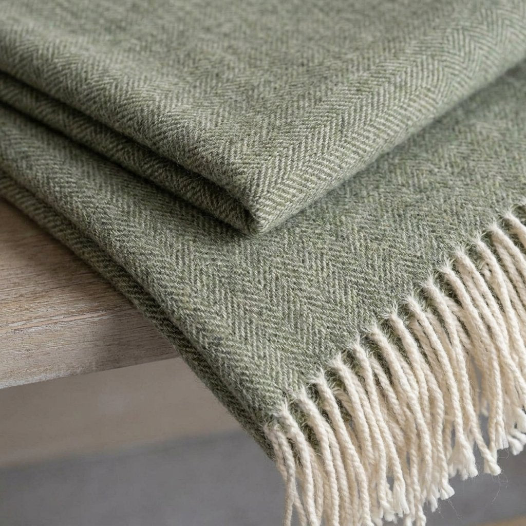 Pure Wool Herringbone Throw with Fringe – Olive