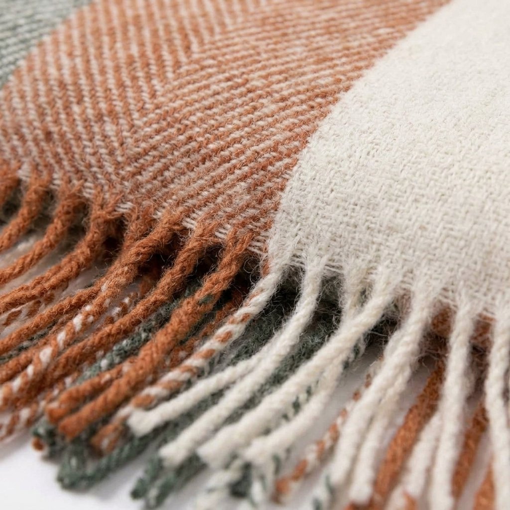 Pure Wool Throw Blanket with Herringbone Stripe