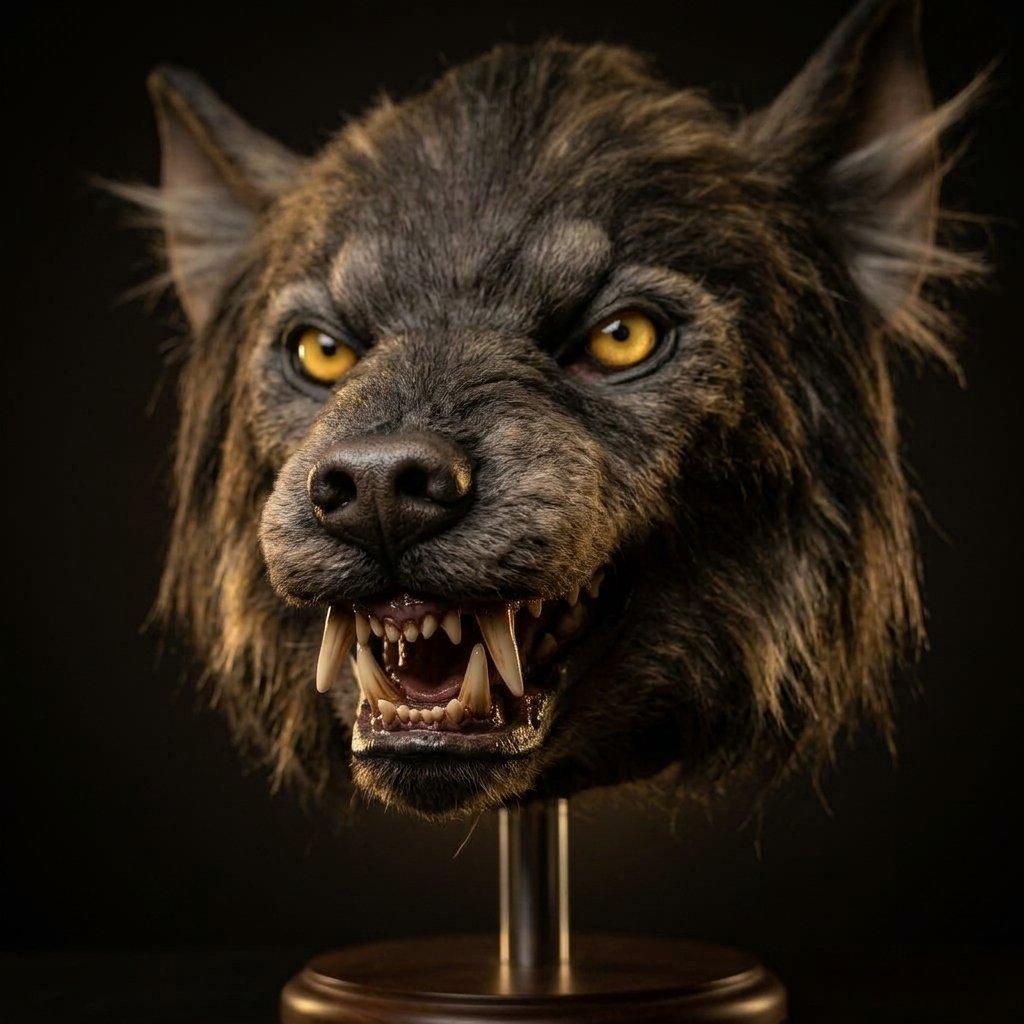 Realistic Full-Head Werewolf Mask with Faux Fur, Fangs and Yellow Eyes