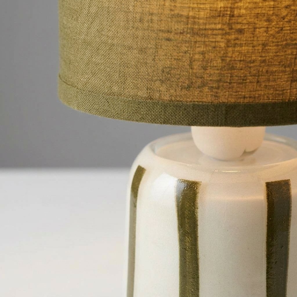 Rechargeable Table Lamp, ceramic stripe base, fabric shade