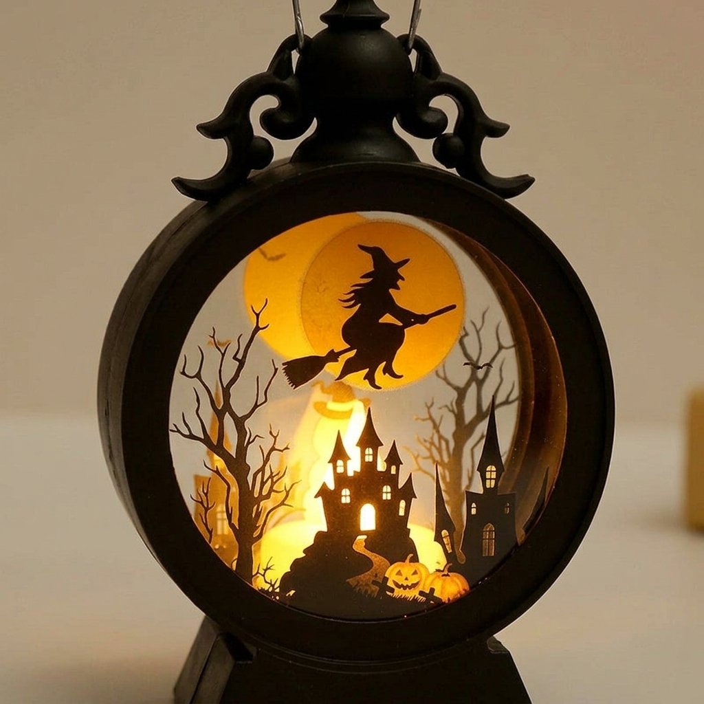 Retro Halloween Lantern with Warm LED Glow and Cut-Out Scene