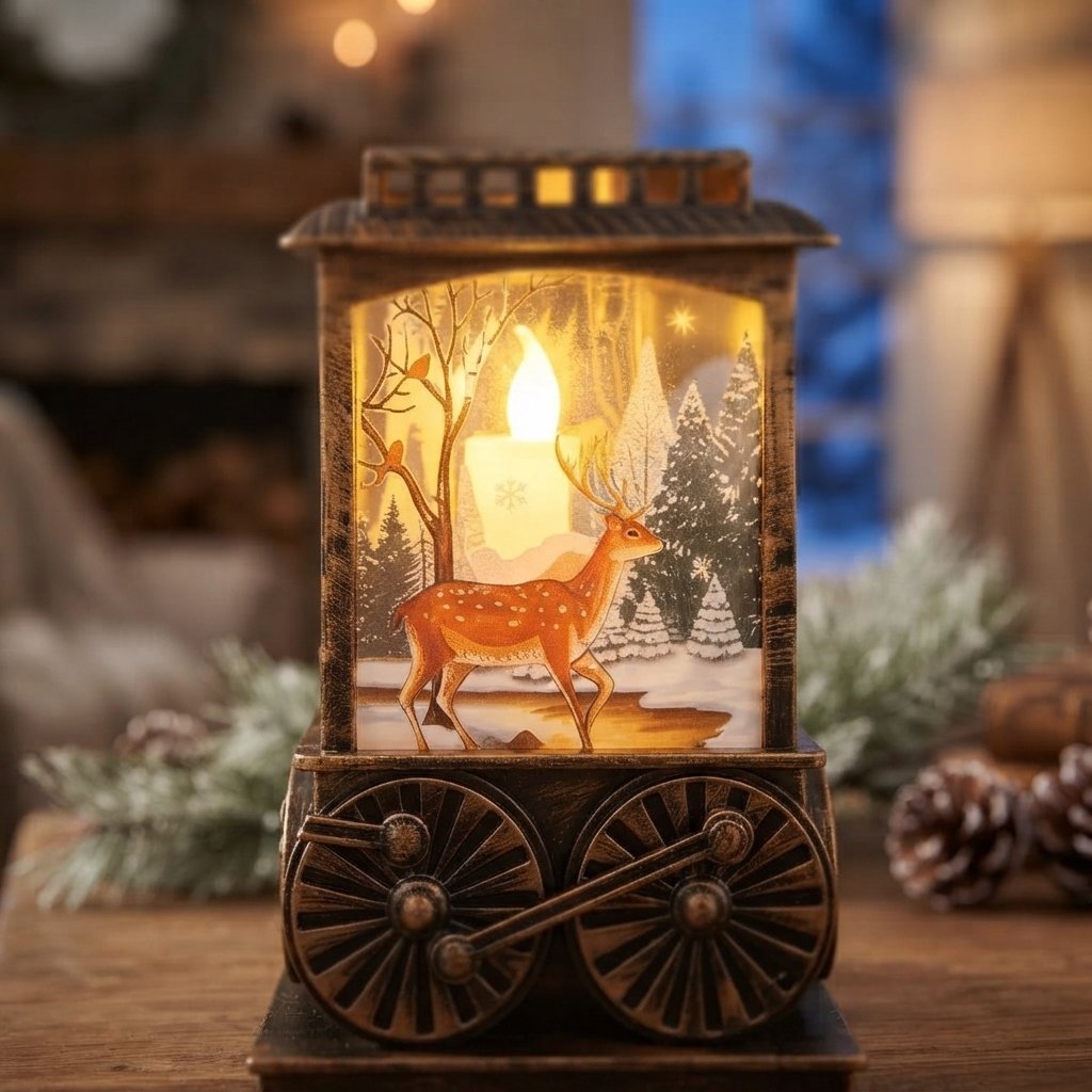 Retro Train LED Lantern with Warm White Winter Scene